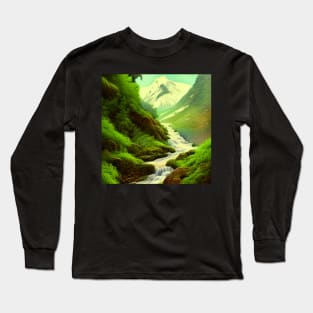 Digital painting of Mountains with Snow and River Long Sleeve T-Shirt